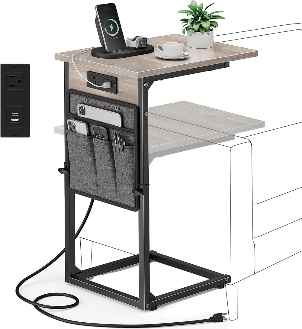VAGUSICC C Shaped End Table with Charging Station, Adjustable Height Side Tab...