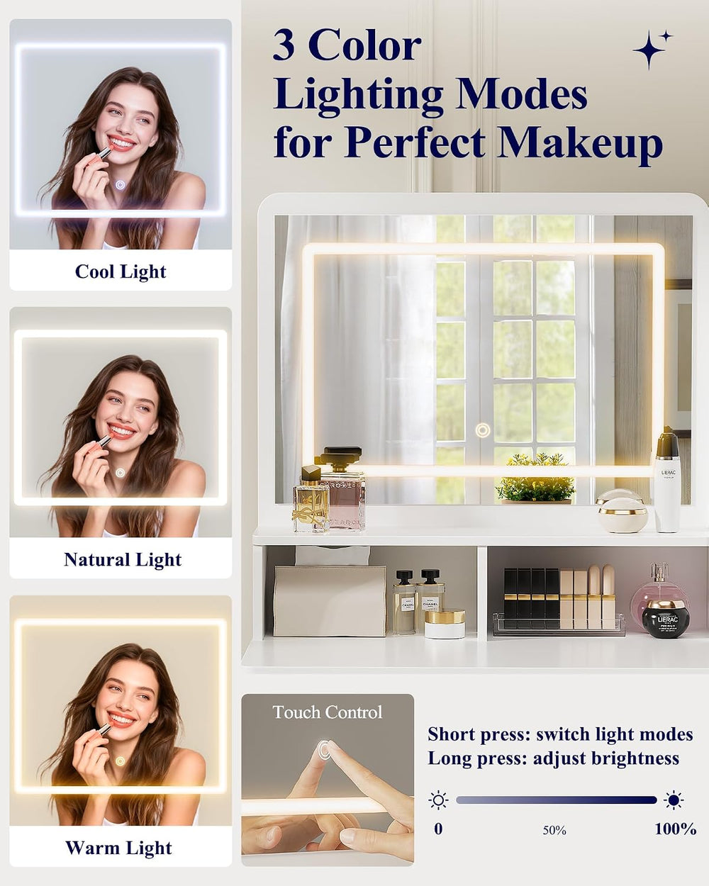 Kitsure Vanity Desk with Mirror and Lights, Large Capacity, Fabric Drawers | ...