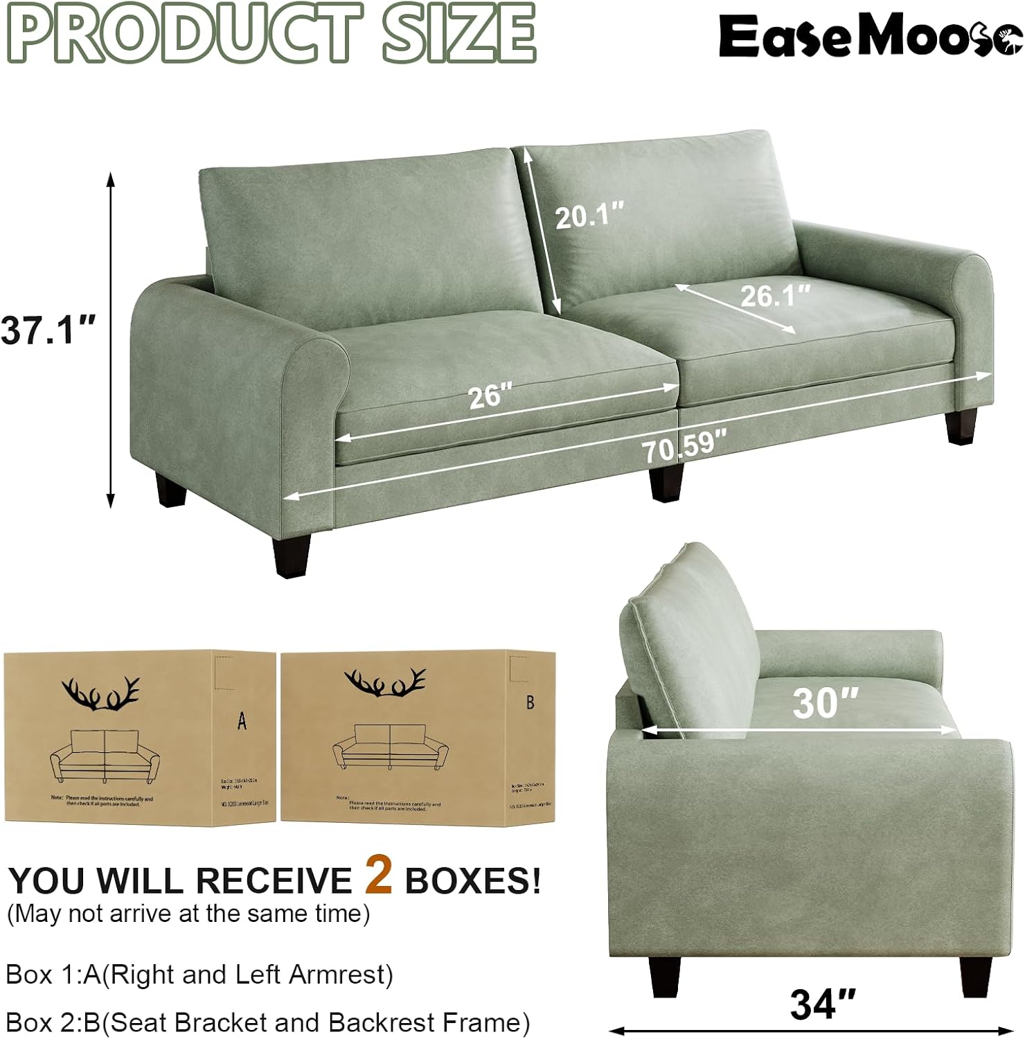 EASE MOOSE 70.6" Faux Leather Loveseat Sofa, Deep 2 Seater Couch, Green | Removable Covers, Pocket Spring Cushions, Waterproof & Scratch-Resistant, Easy Clean, Easy Assembly Couches for Living Room