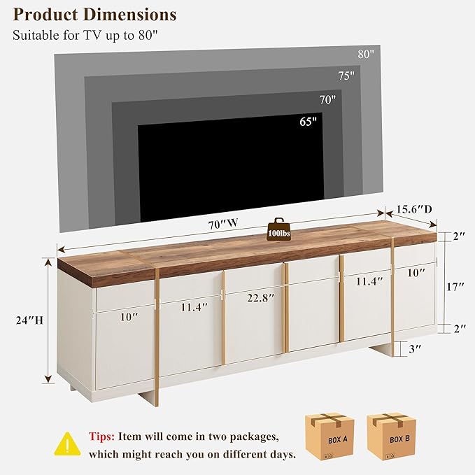 OKD Modern 70" TV Stand,Entertainment Center for TVs Up to 80",TV Console with Storage,Integrated Plinth,Handle-Free Hidden Doors Design,Media Console for Living Room,Bedroom(Antique White)