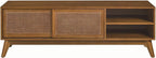 Ball & Cast 59" Mid Century Modern TV Stand for TVs up to 65", Media Console with Rattan Sliding Doors, 2 Open Shelves & Solid Wood Legs, Entertainment Center for Living Room,Bedroom,Brown Ebony