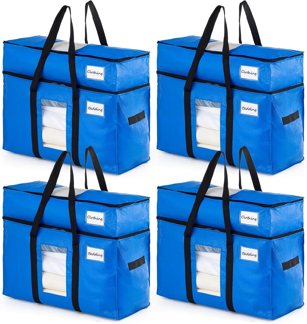 TAILI 2 Tier Extra Large Moving Bags, 4 Pack Blue Heavy Duty Totes for Storage with Visible Window, Wrap Around Handles, Storage Bags for Space Saving, Alternative to Moving Boxes