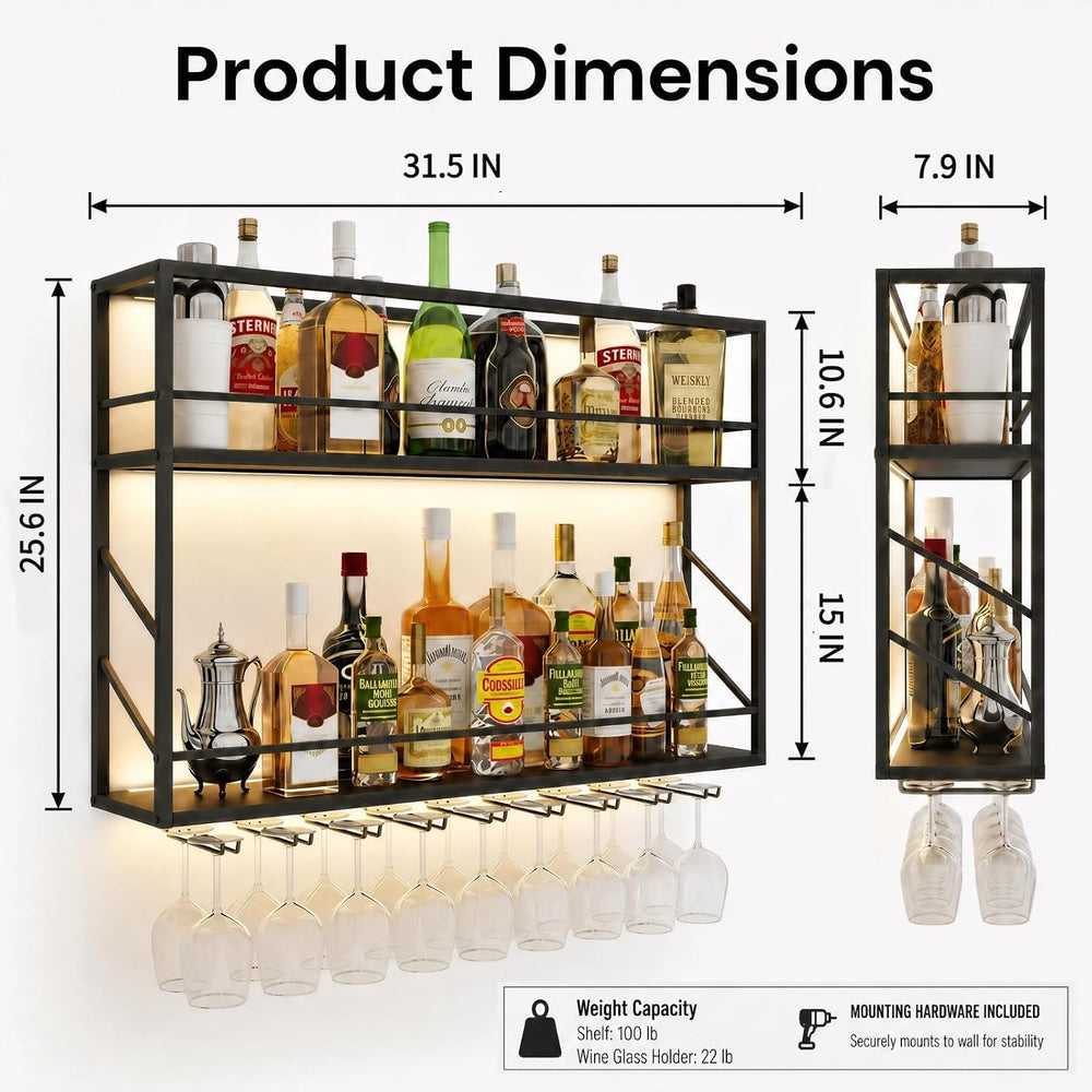 2-Tier Wall Mounted Wine Rack with LED, 31.5”W x 7.8”D x 26”H | Metal Bar Liq...