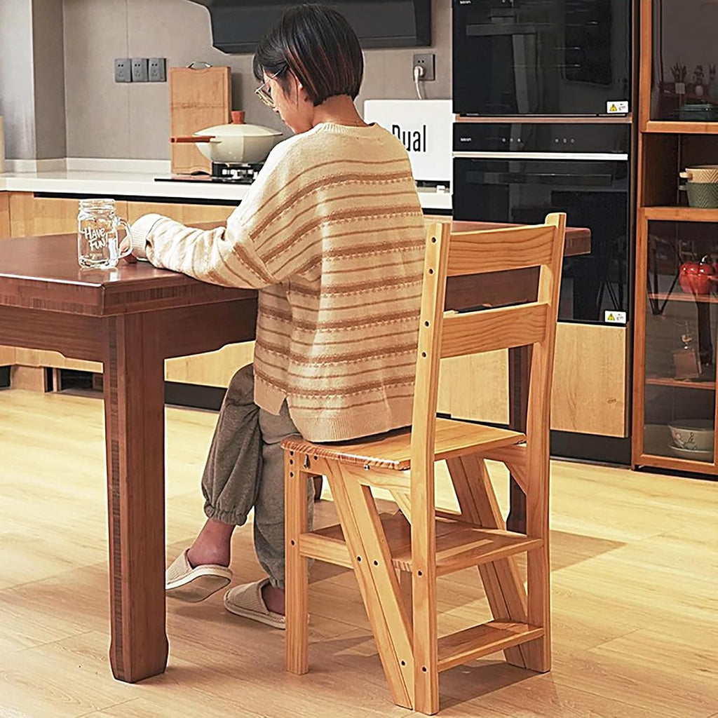 Solid Wood Folding Ladder Chair,2-in-1 Portable Wood Step Ladder,multi-functional Step Stool,folding Chair Display Storage Shelf For Home, Library, Kitchen(14.9"D x 13.7"W x 35.4"H, Light Walnut)