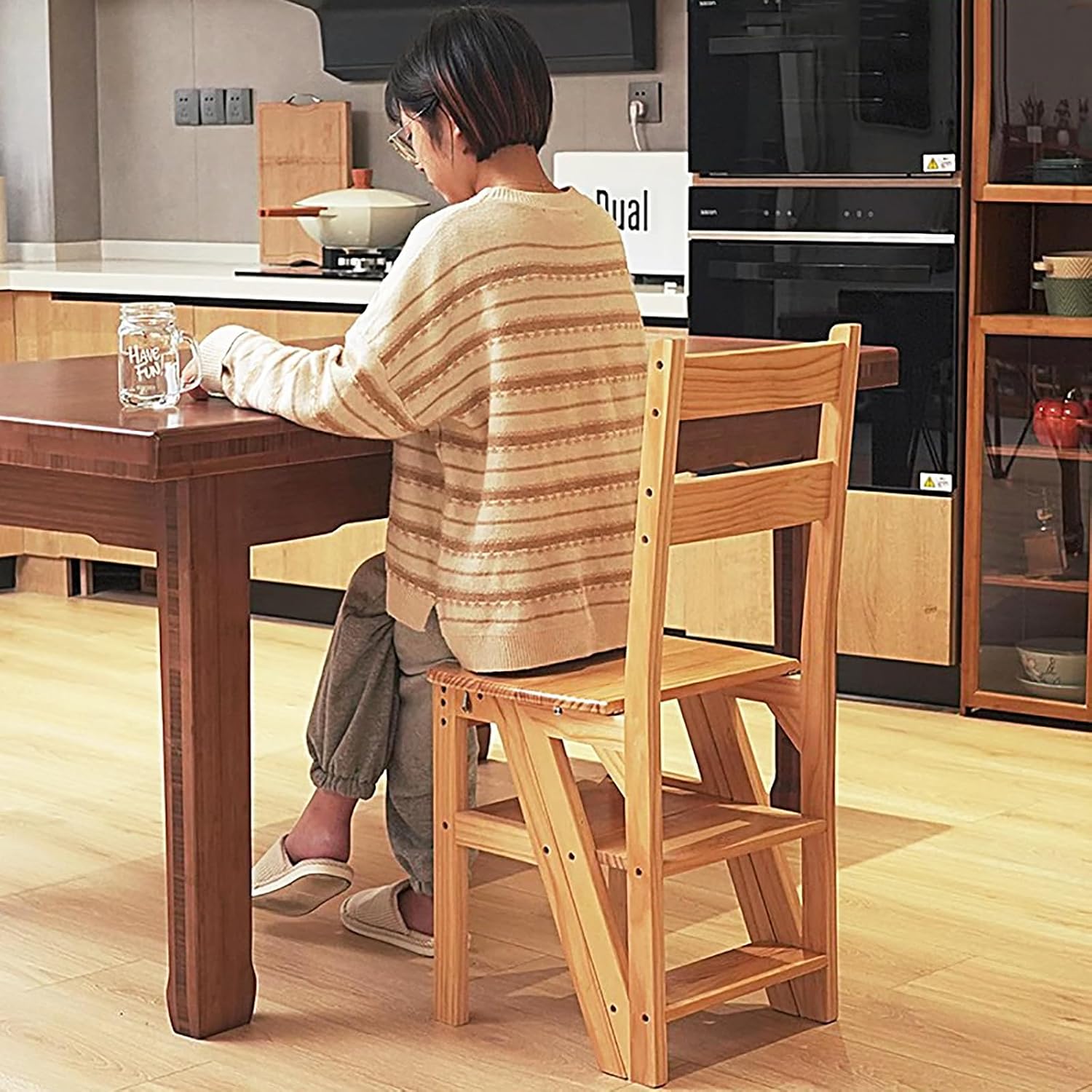 Solid Wood Folding Ladder Chair,2-in-1 Portable Wood Step Ladder,multi-functional Step Stool,folding Chair Display Storage Shelf For Home, Library, Kitchen(14.9"D x 13.7"W x 35.4"H, Light Walnut)