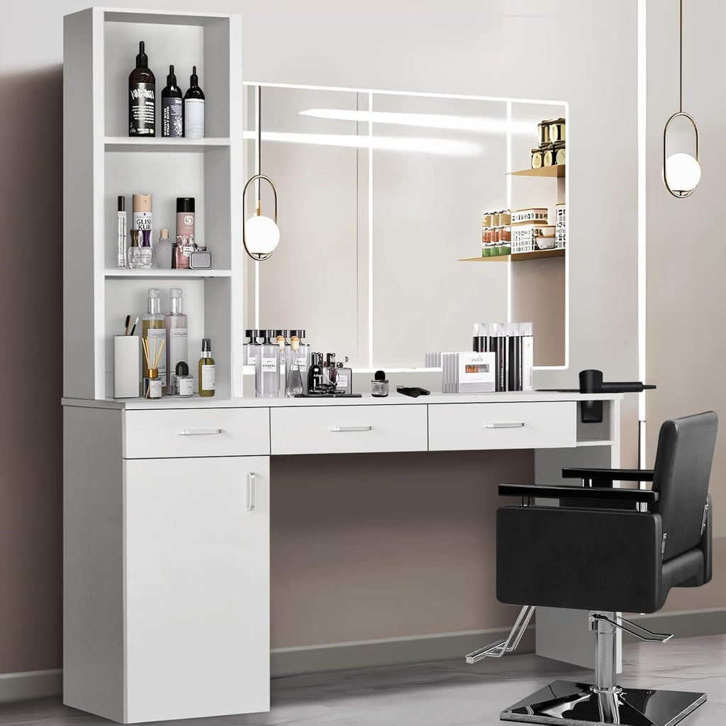 4ever2buy Hair Salon Station for Hair Stylist, Salon Wall Station with Barber Cabinet, Barber Stations Equipment Hair Dryer Holder, Drawers (White)