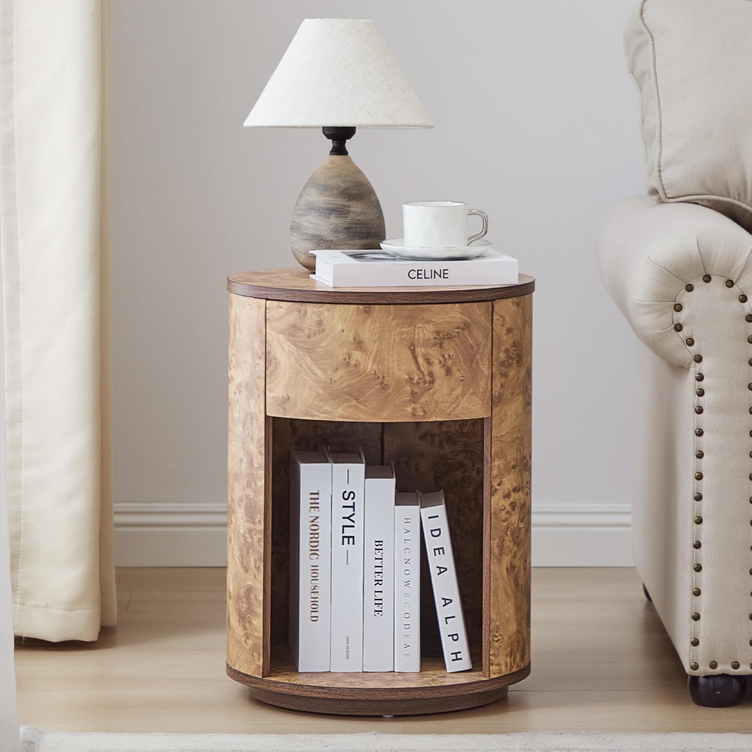 Side Table with Drawer, Round Bedside Table with Open Shelf, Farmhouse Burl Wood Nightstand Accent Table for Living Room, Bedroom (Walnut, 1-Pack)