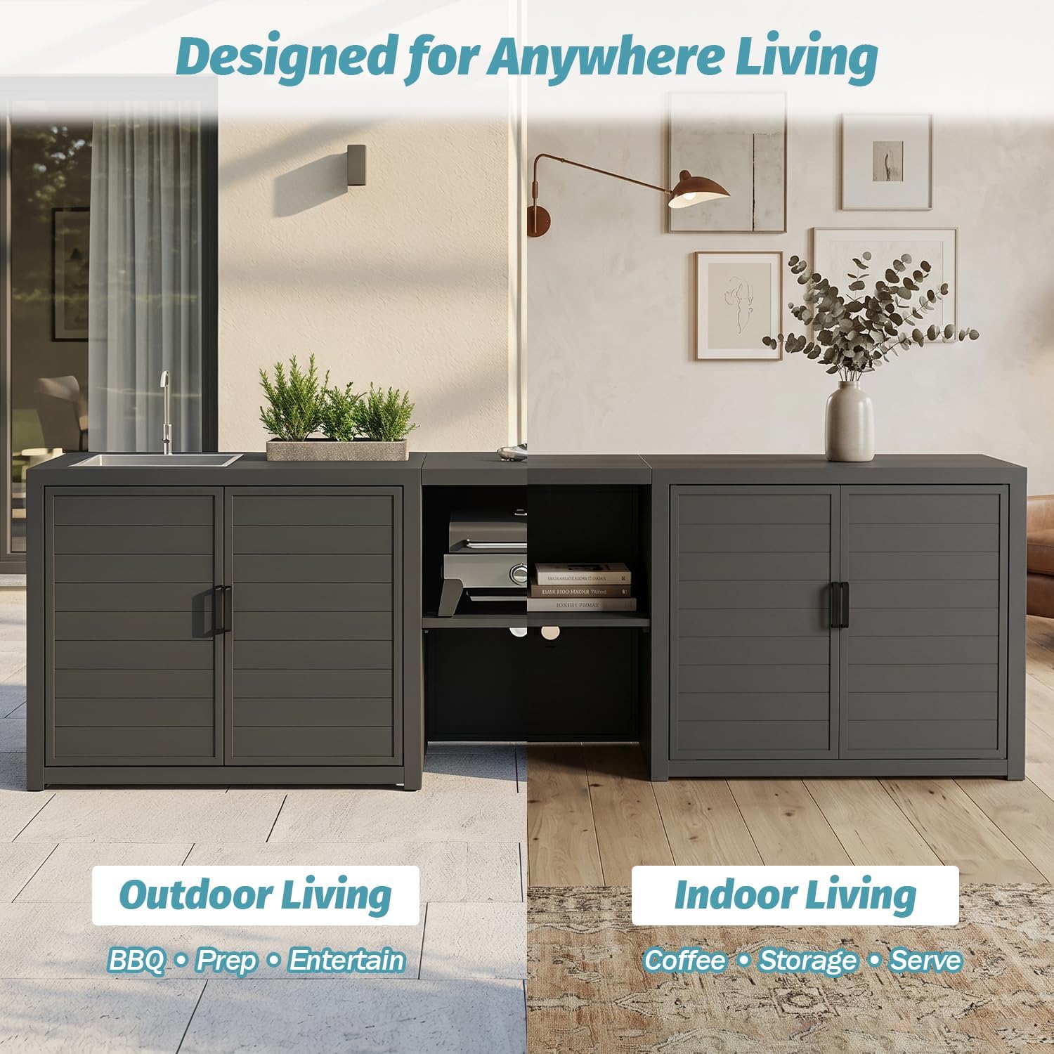Domi Outdoor Kitchen Island with Sink, Aluminum Outdoor Kitchen Cabinet with Large Storage Space, Powder-Coated Weather Resistant Patio BBQ Prep Station with Drop-in Sink and Wide Countertop