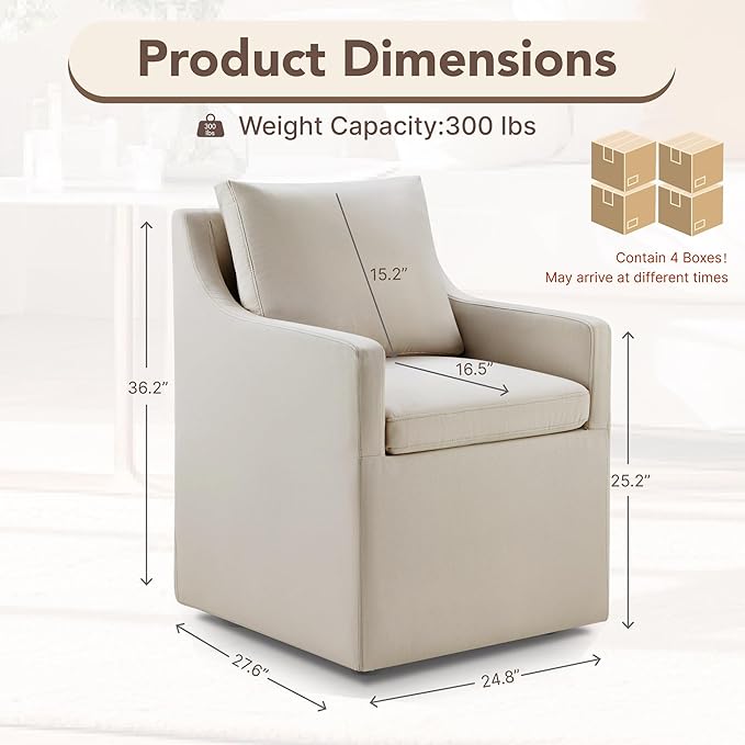 Upholstered Dining Chairs Set of 4, Modern Dining Room Chairs with Casters & Washable Cover, Rolling Accent Chair with Hidden Storage for Kitchen, Farmhouse, Living Room, Flax Beige, 4 Box