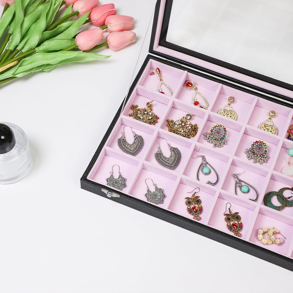 Stratalife Earring Organizer Velvet Jewelry Organizer Box Jewelry Display Storage Tray Ring Case with Clasp for Women 24 Grid (Pink Black)