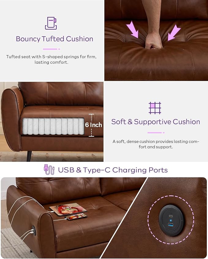 TYBOATLE 3 Seat L Shaped Leather Sectional Couches for Living Room, Faux Leather Couch w/USB & Type-C Charging Port, Small Sectional Sofa w/Deep-Seat Chaise (Brown)