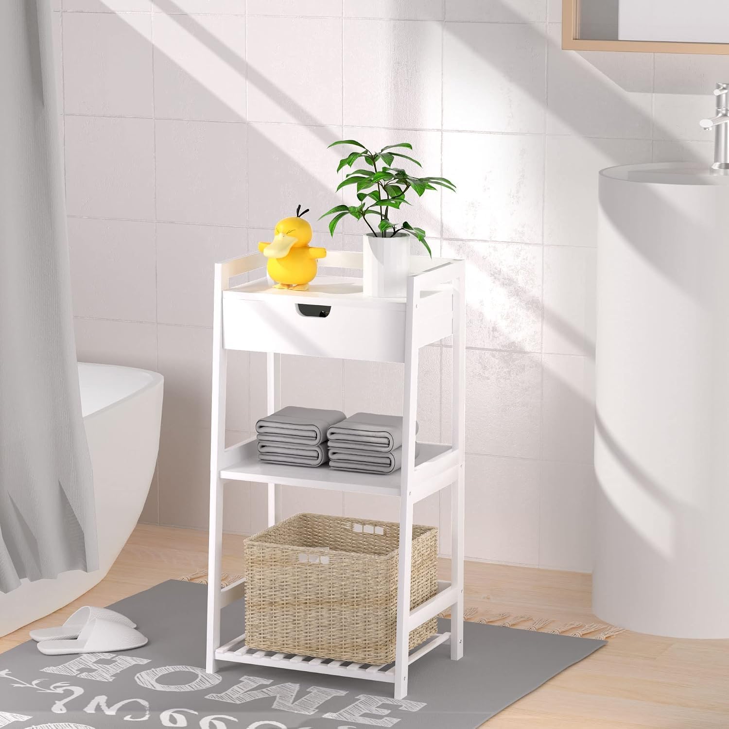 3 Tier Natural Bamboo Ladder Storage Shelf with Pull Out Drawer, Space Saving Freestanding Display Rack 11.8" D x 16.5" W x 31" H for Bathroom Bedroom Kitchen Office