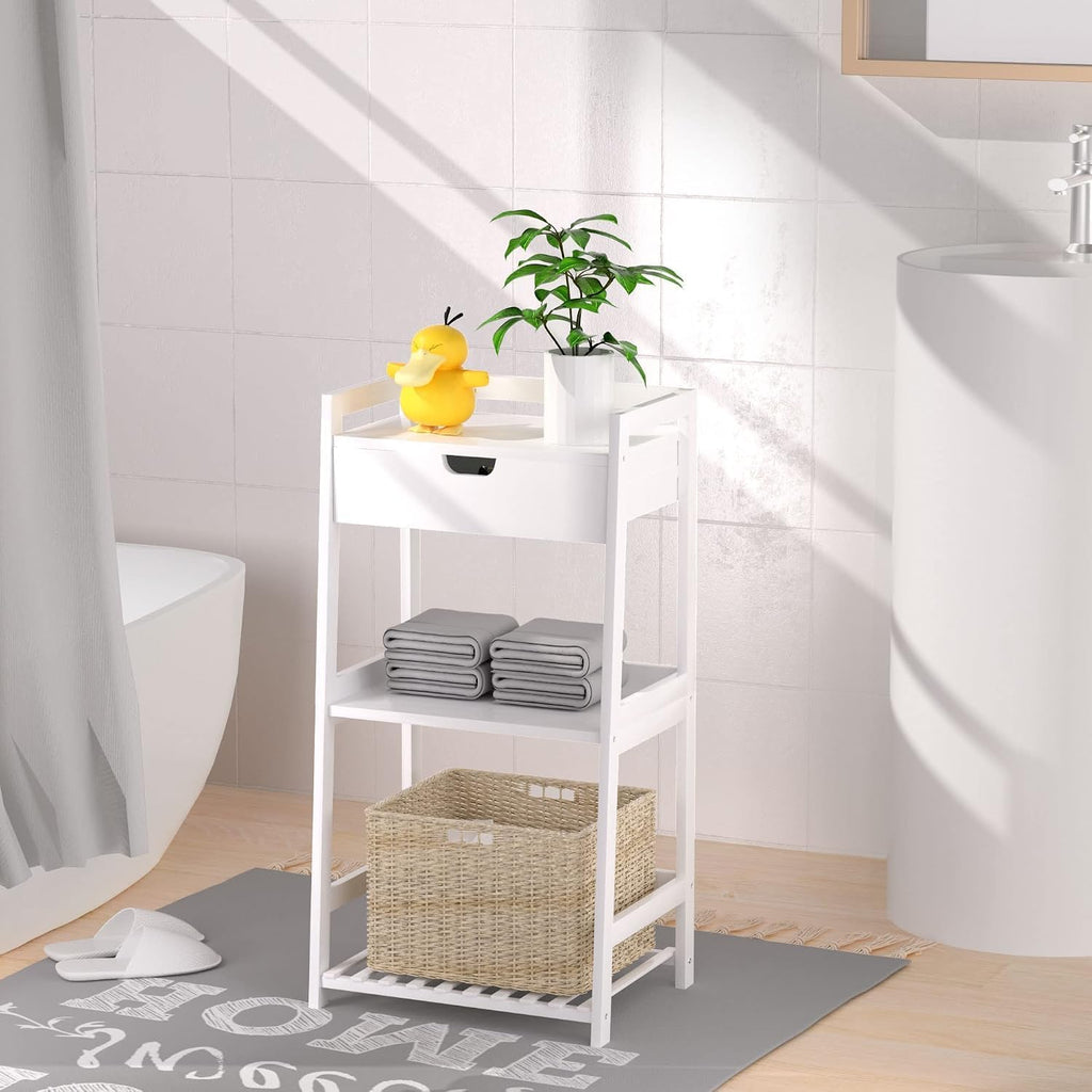 3 Tier Natural Bamboo Ladder Storage Shelf with Pull Out Drawer, Space Saving Freestanding Display Rack 11.8" D x 16.5" W x 31" H for Bathroom Bedroom Kitchen Office