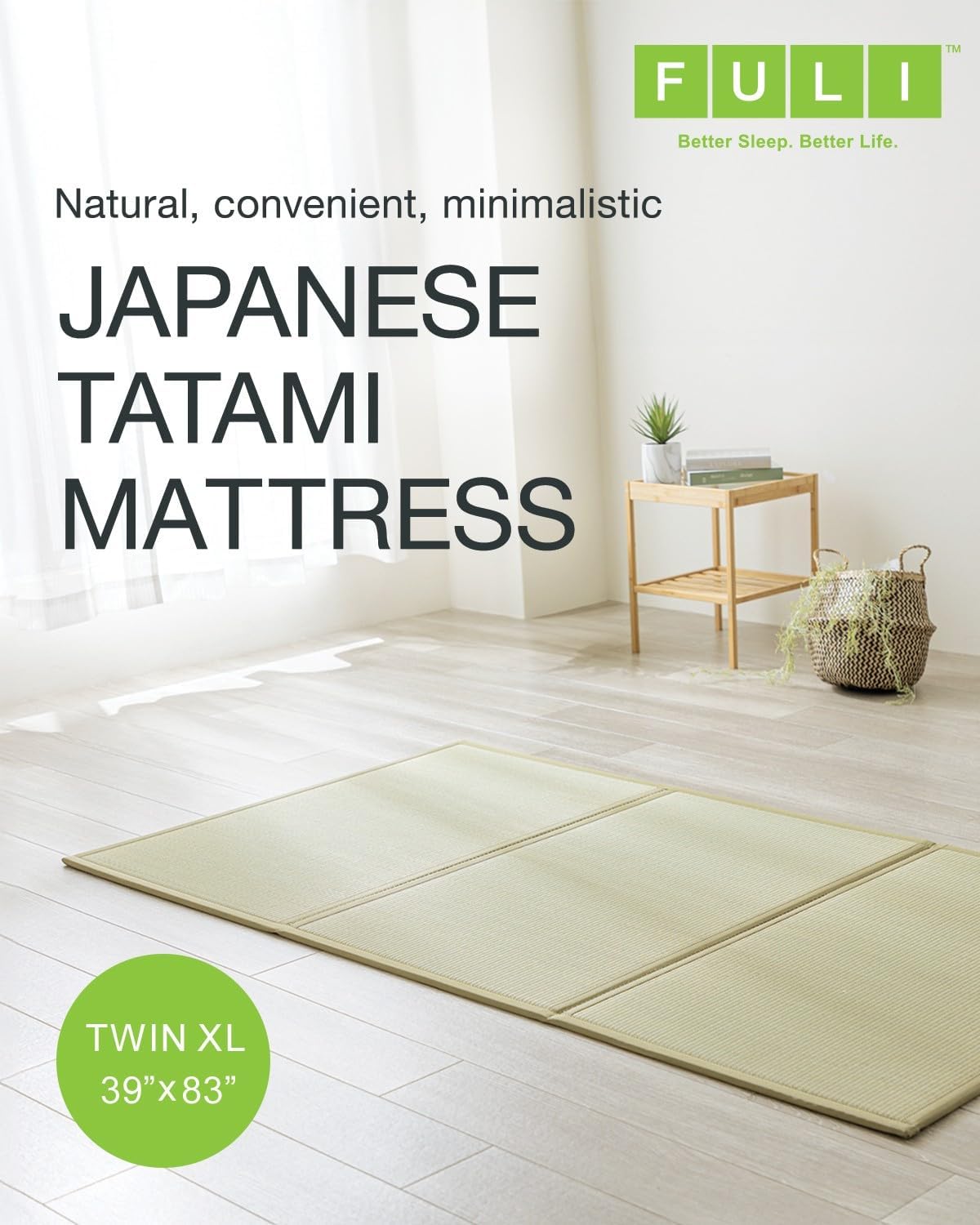 FULI Japanese Tatami Mattress, Foldable Igusa Rush Grass, Natural, Twin XL | Tatami Rug, Japanese Floor Mattress Mat, Made in Japan, 0.5 in thick, firm woven surface, tri-fold design