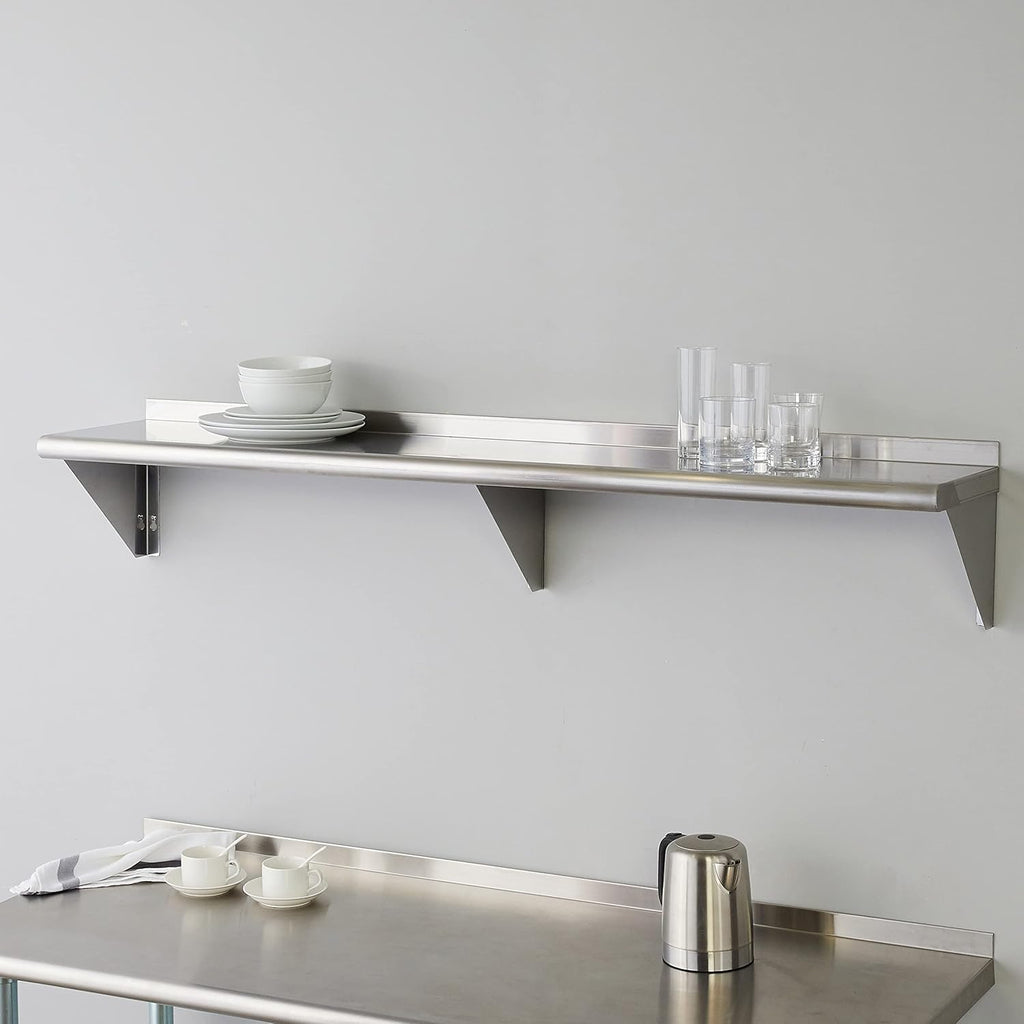 ROCKPOINT Stainless Steel Shelf 12 x 60 Inches 400lb, NSF Metal Commercial Shelves Wall Mount Floating Shelving with Backsplash for Restaurant, Kitchen, Home and Hotel, Silver