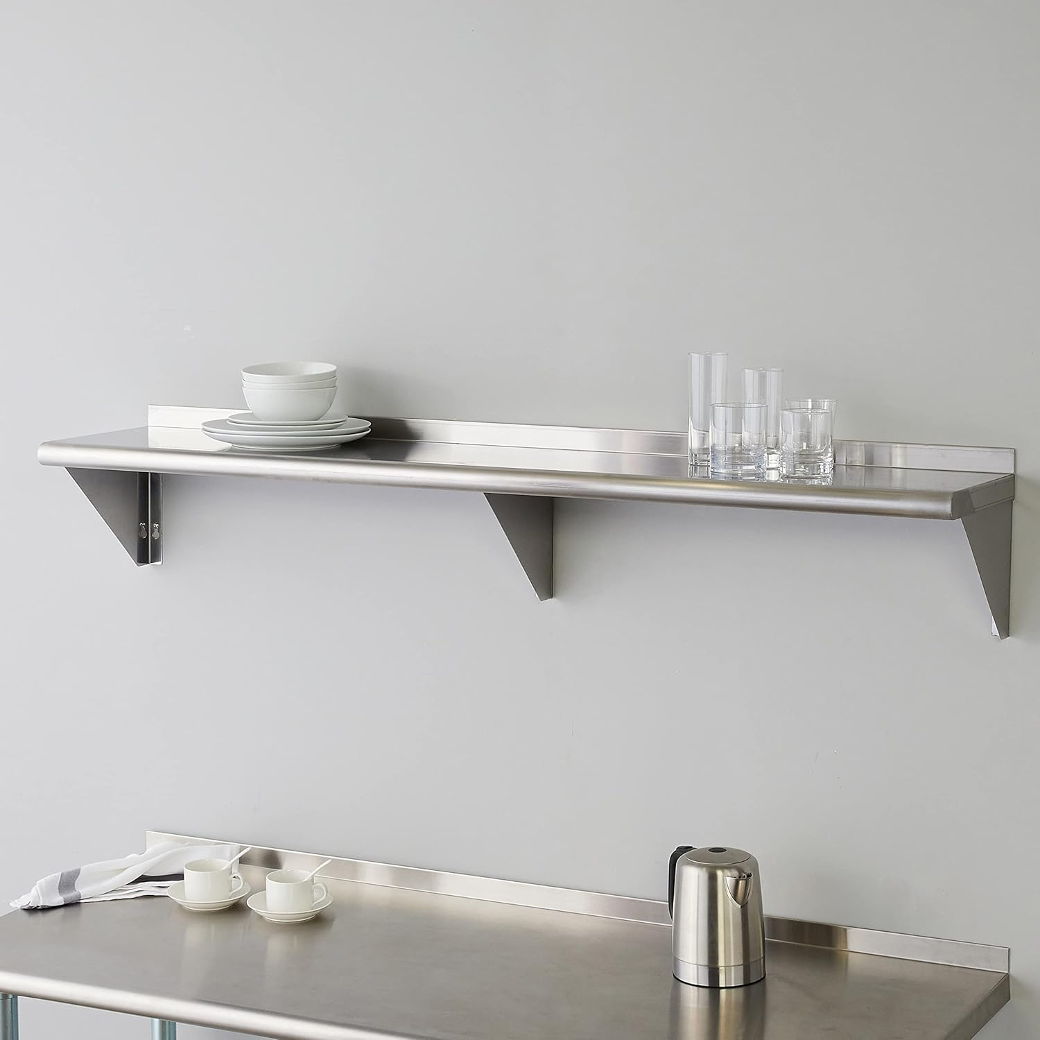 ROCKPOINT Stainless Steel Shelf 12 x 60 Inches 400lb, NSF Metal Commercial Shelves Wall Mount Floating Shelving with Backsplash for Restaurant, Kitchen, Home and Hotel, Silver