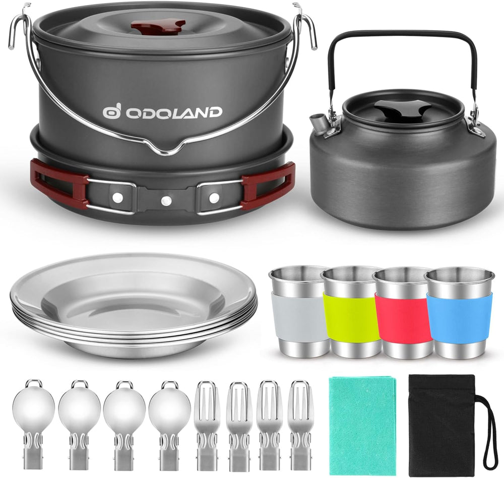 Odoland 22pcs Camping Cookware Mess Kit, Large Size Hanging Pot Pan Kettle wi...