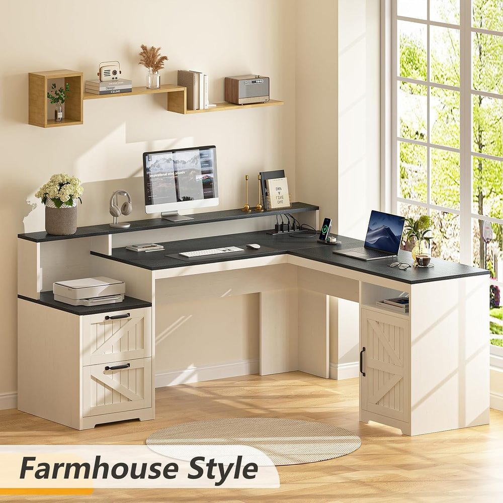 63" Farmhouse L Shaped Desk with Drawers & Printer Shelf for Home Of...