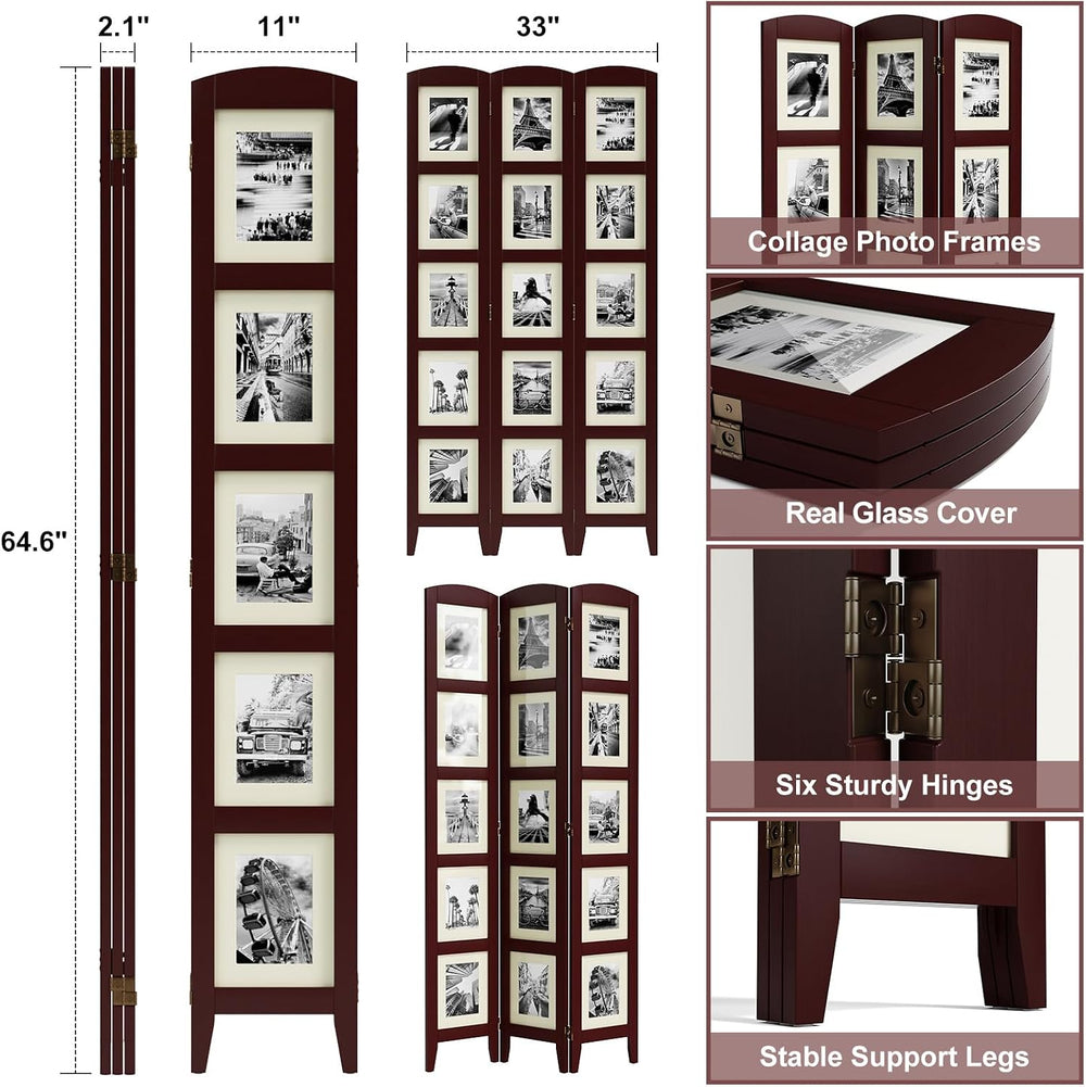 SZQINJI 3 Panel Photo Room Divider Screen, Walnut