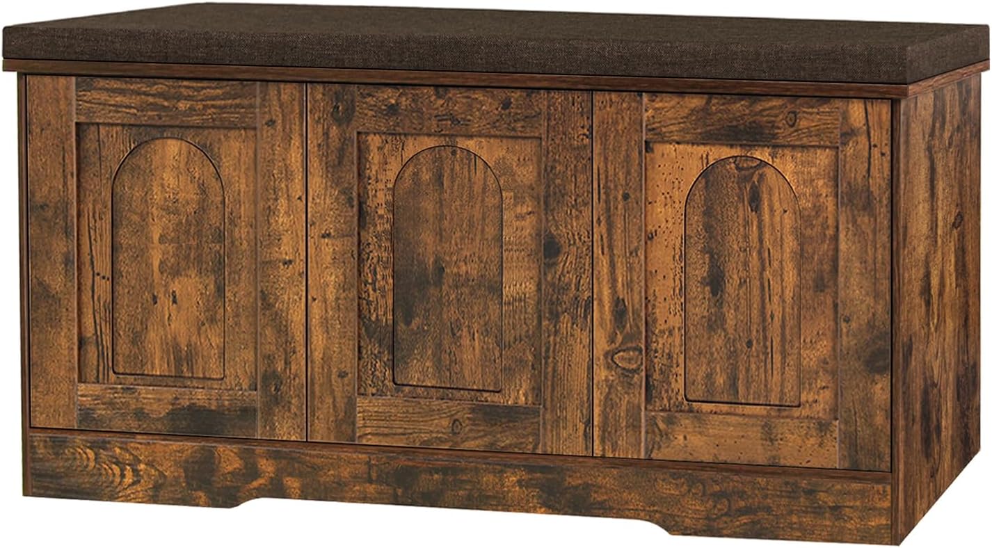 DINZI LVJ Shoe Storage Bench with Cushion, Entryway Bench with Seat & Doors | 3-Tier Shoe Cabinet Bench Fits 9 Pairs, Adjustable Shelves for Boots, Easy Assembly, Farmhouse, Bedroom, 39.4", Rustic Brown