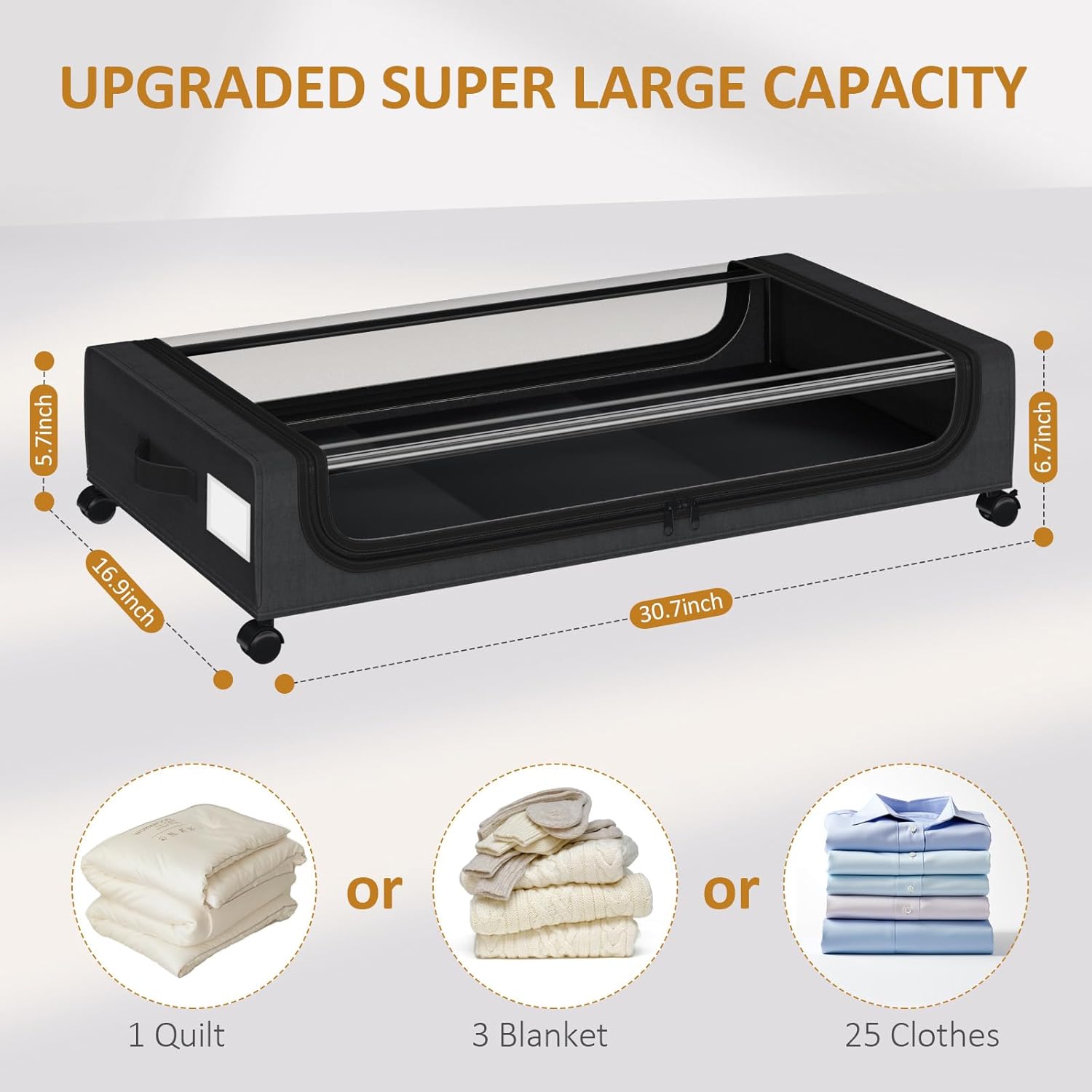 Large Under Bed Storage with Wheels, Under Bed Storage Containers, Under Bed Shoe Storage Organizer, Rolling Underbed Storage Containers for Bedroom Clothes Shoes Blankets, 2 Pack, Black