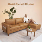 Vesgantti 100" L Shaped Faux Leather Couch with Movable Ottoman, 3 Seater PU Leather Sectional Sofa with Side Pocket, Mid Century Modern Modular Couch for Living Room, Bedroom, Cognac Tan