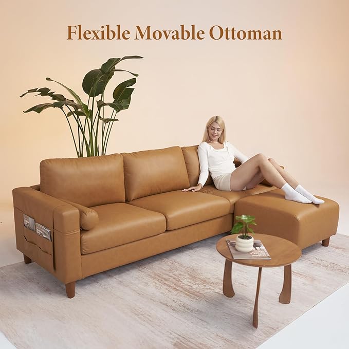 Vesgantti 100" L Shaped Faux Leather Couch with Movable Ottoman, 3 Seater PU Leather Sectional Sofa with Side Pocket, Mid Century Modern Modular Couch for Living Room, Bedroom, Cognac Tan