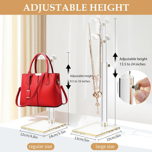 2Pcs Purse Display Stands, Height Adjustable10"-16"+14"-24", Acrylic Handbag Stands for Display, Clear Holder for Purse Evening Bag Clutch, Bag Table Rack, Purses Hanging Organizer for Closet Retail Vendor