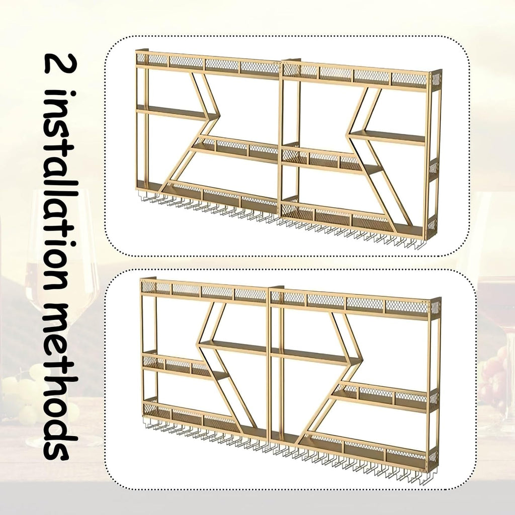 79in Large Wall Mounted Wine Rack 4 Tier Metal Wine Bottle Holder Modern Diamond Design Floating Bar Liquor Bottles Storage Rack for Home Restaurant Bar Decorative (Gold, 4 Tier - 79in)