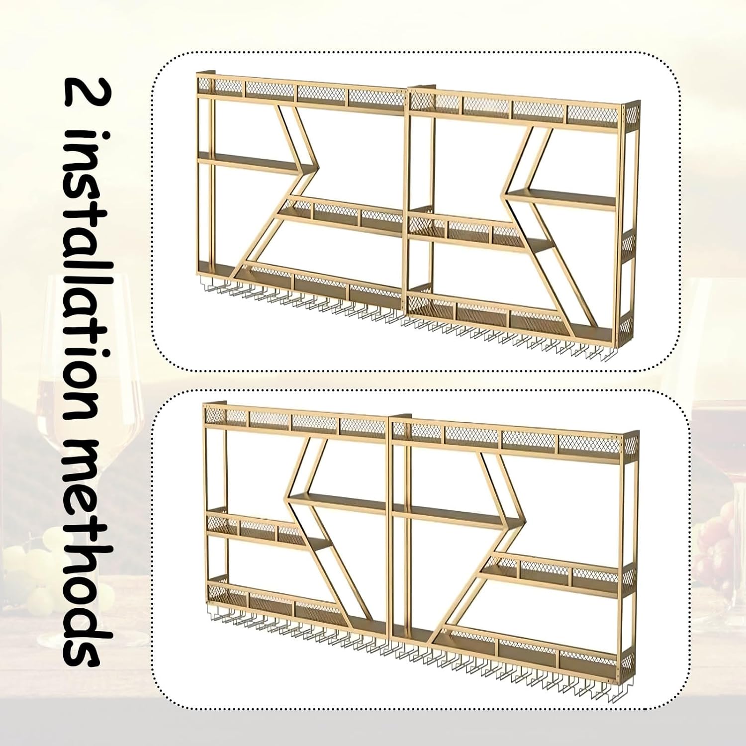 79in Large Wall Mounted Wine Rack 4 Tier Metal Wine Bottle Holder Modern Diamond Design Floating Bar Liquor Bottles Storage Rack for Home Restaurant Bar Decorative (Gold, 4 Tier - 79in)