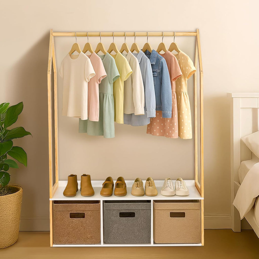 Wood Clothes Rack with Storage, Freestanding Clothing Racks for Hanging Clothes Garment Rack for Bedroom, Entryway, Living Room
