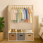 Wood Clothes Rack with Storage, Freestanding Clothing Racks for Hanging Clothes Garment Rack for Bedroom, Entryway, Living Room