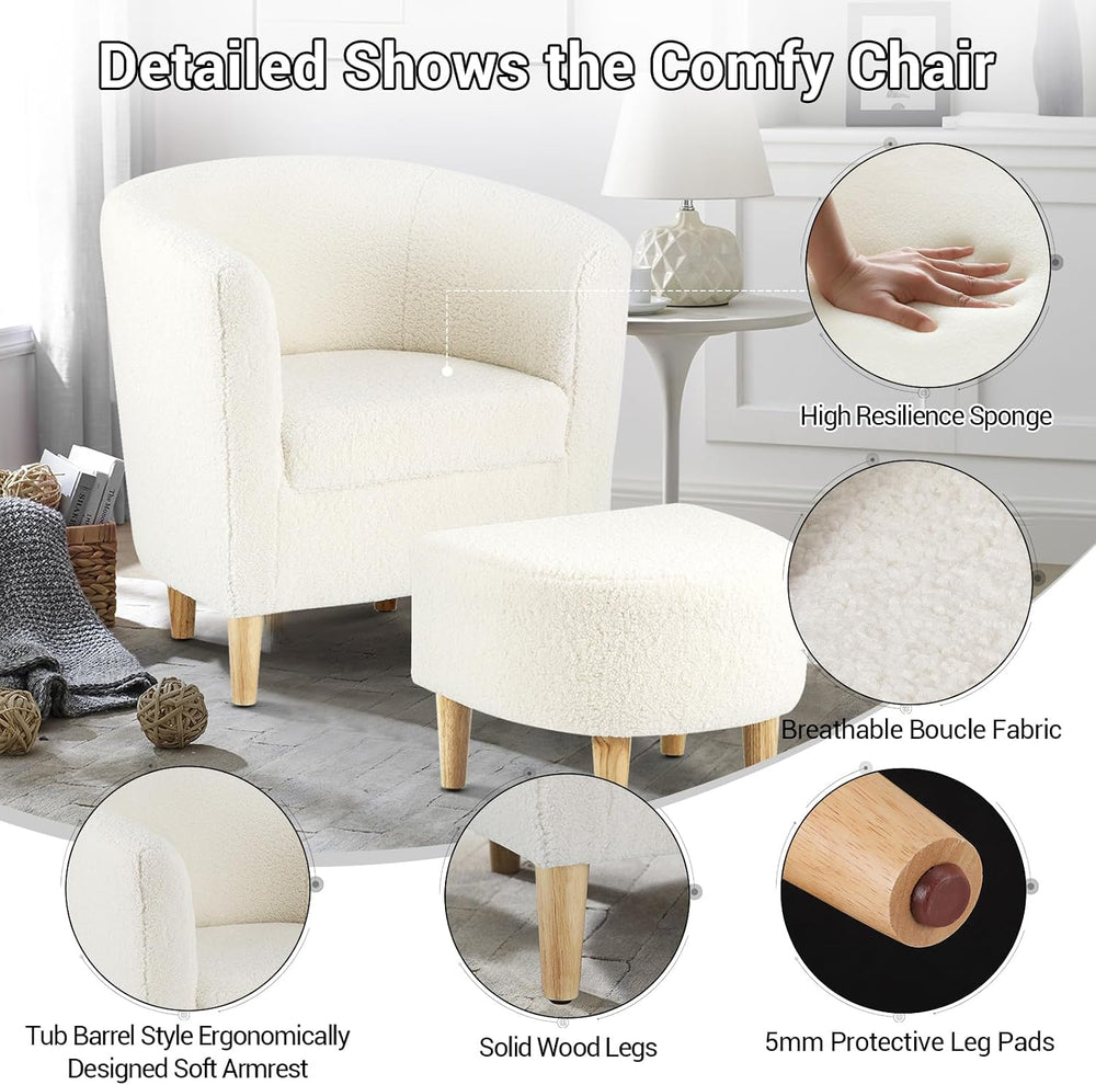 DAZONE Sherpa Accent Chair with Ottoman White Fluffy Teddy Barrel Armchair | ...