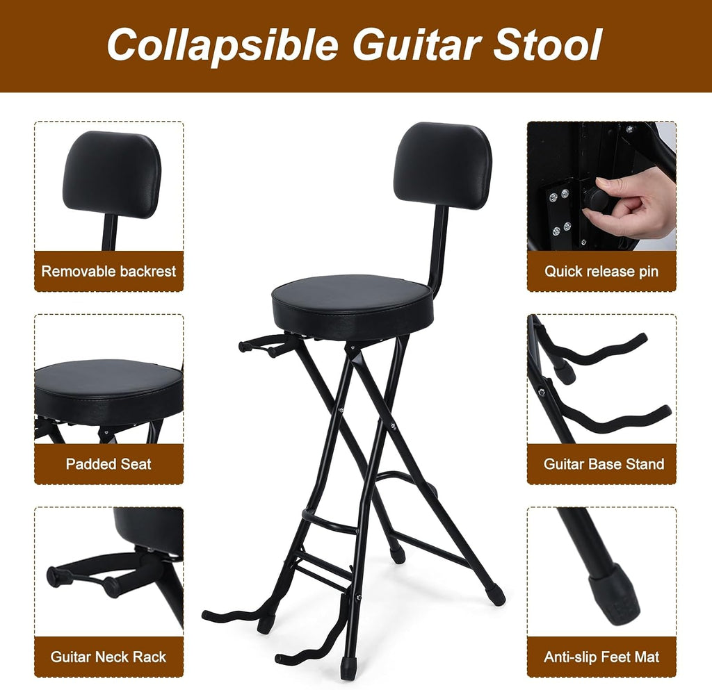 Folding Guitar Stool Chair with Padded Seat, Ergonomic Backrest & Built-in Stand - Heavy Duty Portable Seat for Acoustic, Electric, Bass Guitar Practice & Performance Black