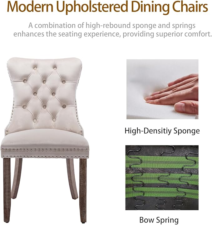 Velvet Dining Chairs Set of 2, Tufted Upholstered Dining Room Chairs with Back Ring Pull, Nailhead Trim and Solid Wood Legs, Modern Dining Chairs for Dining Room, Kitchen(Beige)