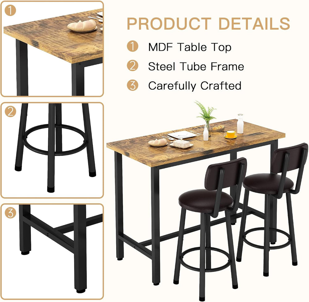 3 Piece Bar Table and Chairs Set for 2, Counter Height Rectangular Pub Dining...