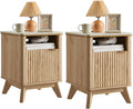 QUW Fluted Nightstands Set of 2 with Charging Station, 18" Modern Side Table, Wooden Bedside Table with Faux Marble Top, Open Storage, Cabinet, End Table for Bedroom, Living Room, Natural Oak