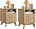 QUW Fluted Nightstands Set of 2 with Charging Station, 18" Modern Side Table, Wooden Bedside Table with Faux Marble Top, Open Storage, Cabinet, End Table for Bedroom, Living Room, Natural Oak