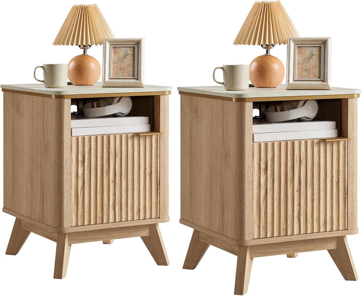 QUW Fluted Nightstands Set of 2 with Charging Station, 18" Modern Side Table, Wooden Bedside Table with Faux Marble Top, Open Storage, Cabinet, End Table for Bedroom, Living Room, Natural Oak