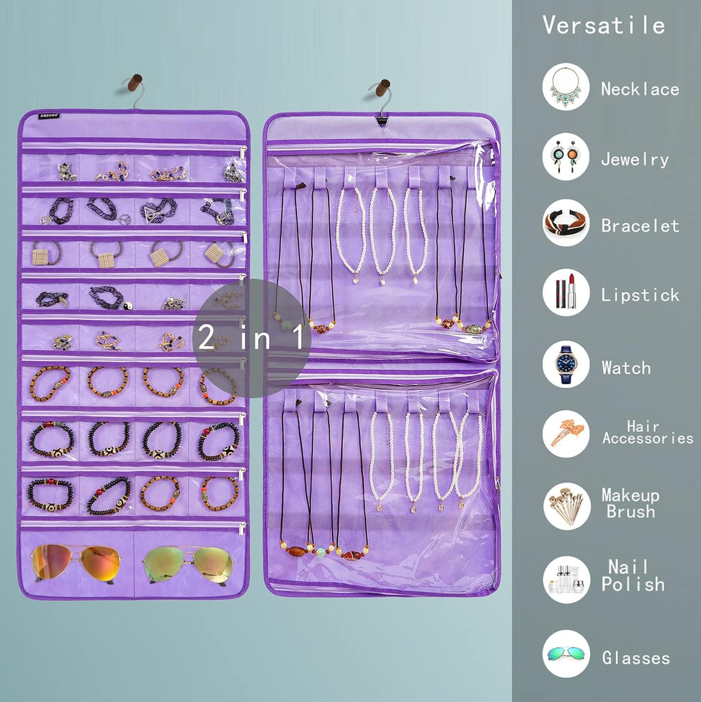 Dual-sided Hanging Jewelry Organizer Necklace Holder Jewelries Storage with 34 Zippered Pockets and 14 Dustproof Hook Loops (PURPLE)