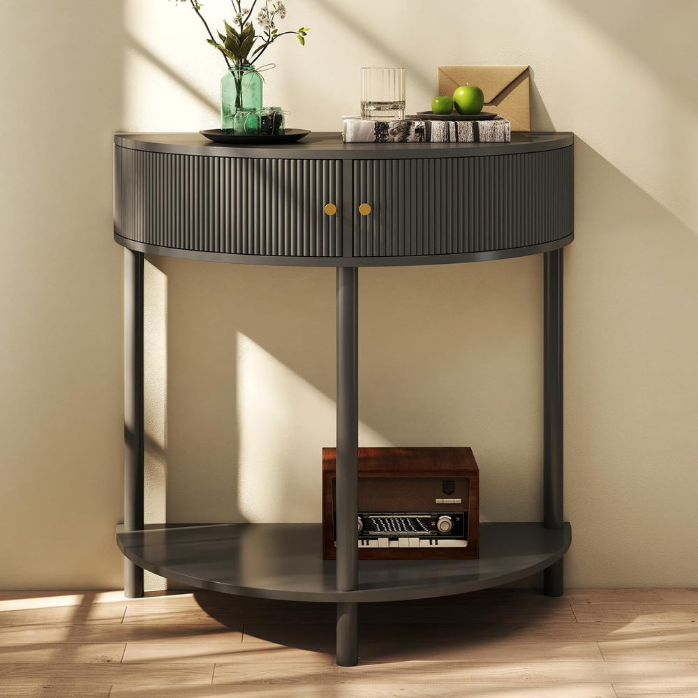 Entryway Table, Artisan-Crafted Half Moon Fluted Console Tables with 2 Rattan...