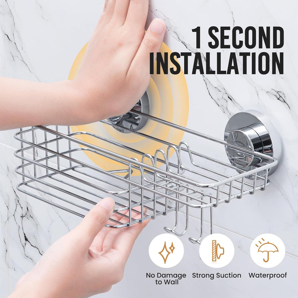 LEVERLOC Shower Caddy Suction Cup, 3 Pack Heavy Duty Bathroom Organizer for Inside Shower with Hooks & Soap Holder, Removable Bathroom Organizer, Rustproof Silver Holder Storage Storage,Silver