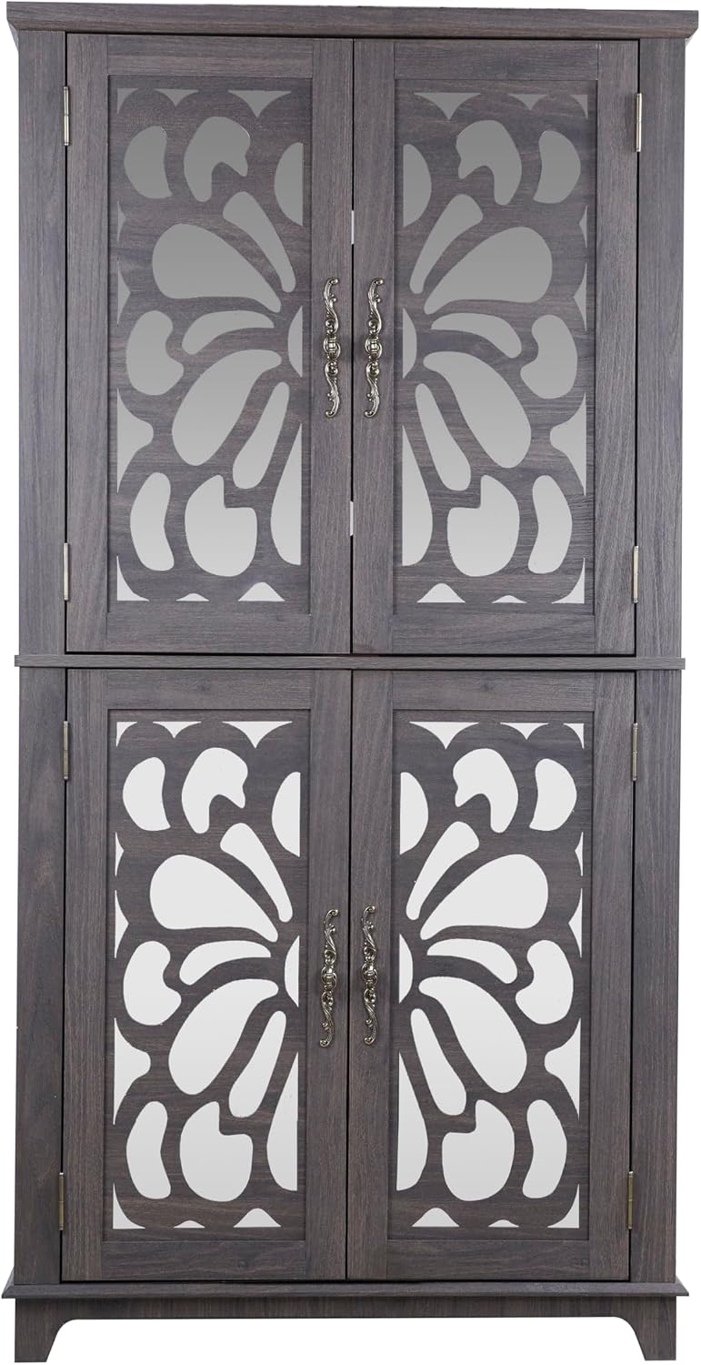 JIJIWANG Kitchen Pantry Storage Cabinet with Acrylic Mirrored Doors,Large Sid...