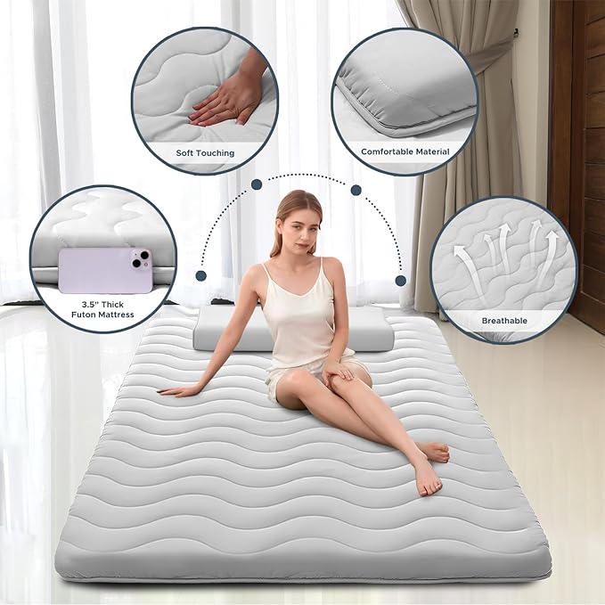 Japanese Floor Mattress, 100% High Density Comfortable Foam, 3.5" Thicken Grey Foldable Mattress Tatami Mat Sleeping Pad, Ideal for Comfort and Support, Kids Floor Lounger Pillow Bed Sofa (Queen）