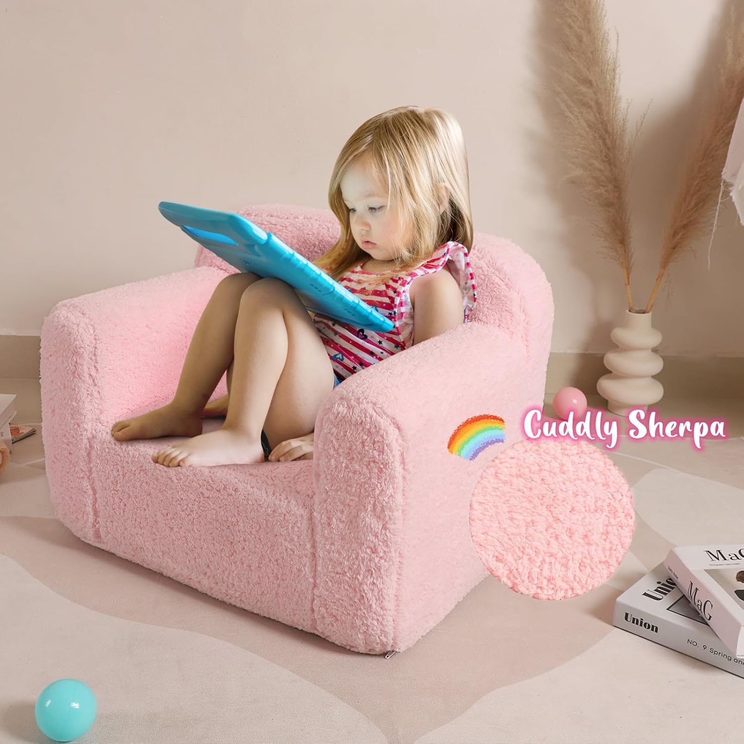 MOMCAYWEX Kids Snuggly-Soft Sherpa Chair, Comfy Sofa Chair, Pink | Kids Armchair Furniture, Removable Washable Soft Cover, Lightweight, Reading Playing Comfy Sofa Chair, Boys Girls