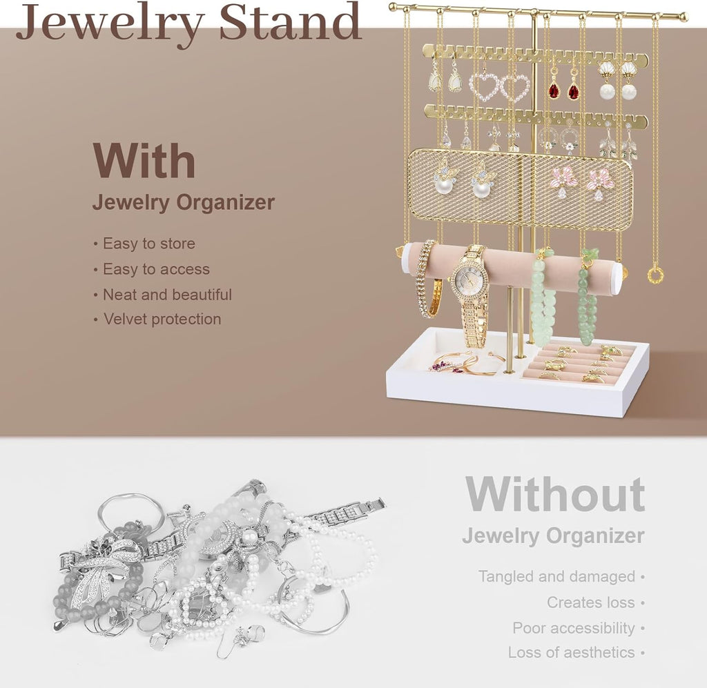 Hyber&Cara 3 Tier Jewelry Display Stand with Tray Jewelry Organizer Gold Jewelry Holder Stand for Bracelet Necklace Earrings Rings