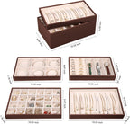 LANDICI Stackable Jewelry Organizer Trays 4 Set,PU Leather Jewelry Organizer Drawer,Jewelry Storage Display Tray for Earring Necklace Rings Bracelet with Removable Dividers,Coffee