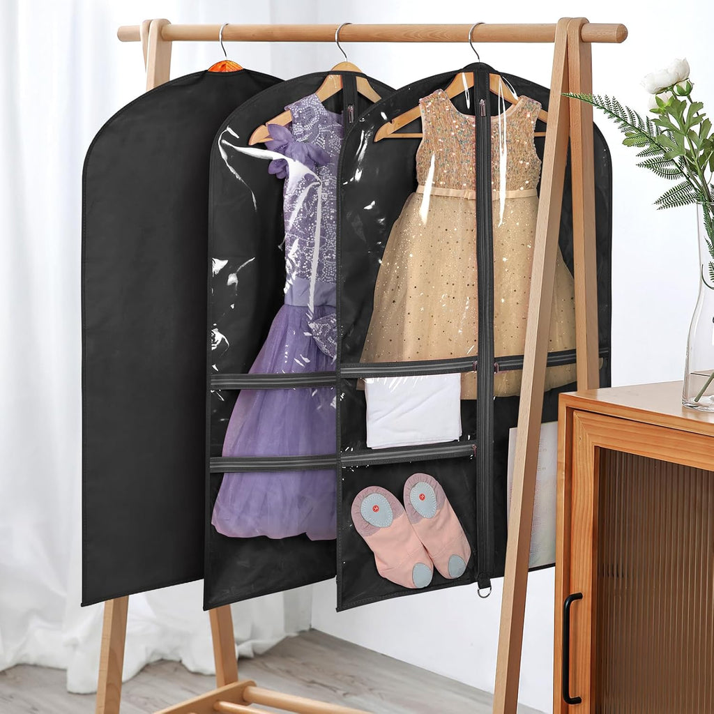 Univivi 40 Inch Dance Costume Garment Bags for Dancers, Black, 12 Pack | Breathable Fabric, Clear PVC Window, 3 Zip Pockets, Foldable Costume Garment Bags for Dancers, Dance Costumes, Dresses, Suits