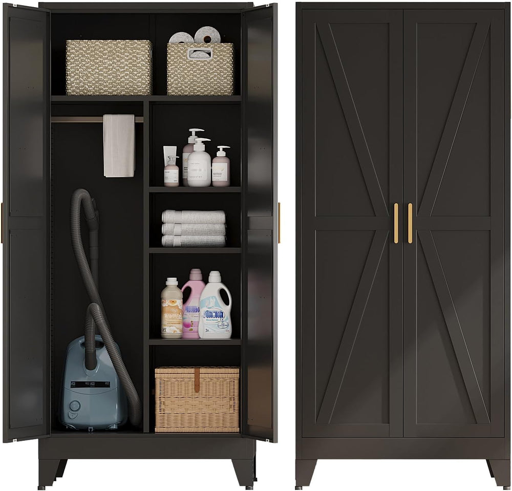 Bevivog 71" Metal Storage Cabinet, Tall Utility Closet Cabinet with Hang...