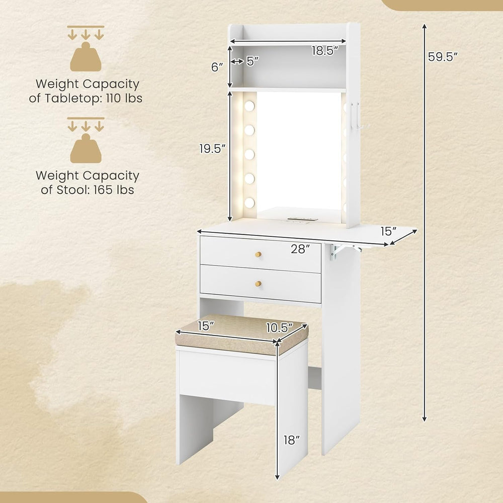 COSTWAY Vanity Desk with Mirror and Lights, Narrow Dressing Table with Foldab...